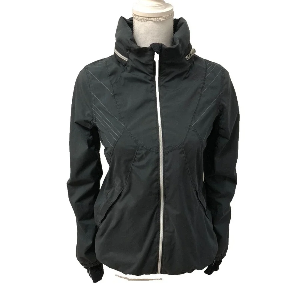 Lululemon‎ Run Hustle Jacket Black Microstripe Womens 4 Full Zip Activewear Hood